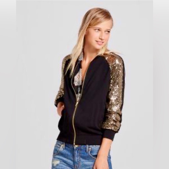 ✅Xhiliration gold sequin zip bomber sweatshirt / black/ front pockets/ NWOT  🖤💛 - Picture 1 of 15